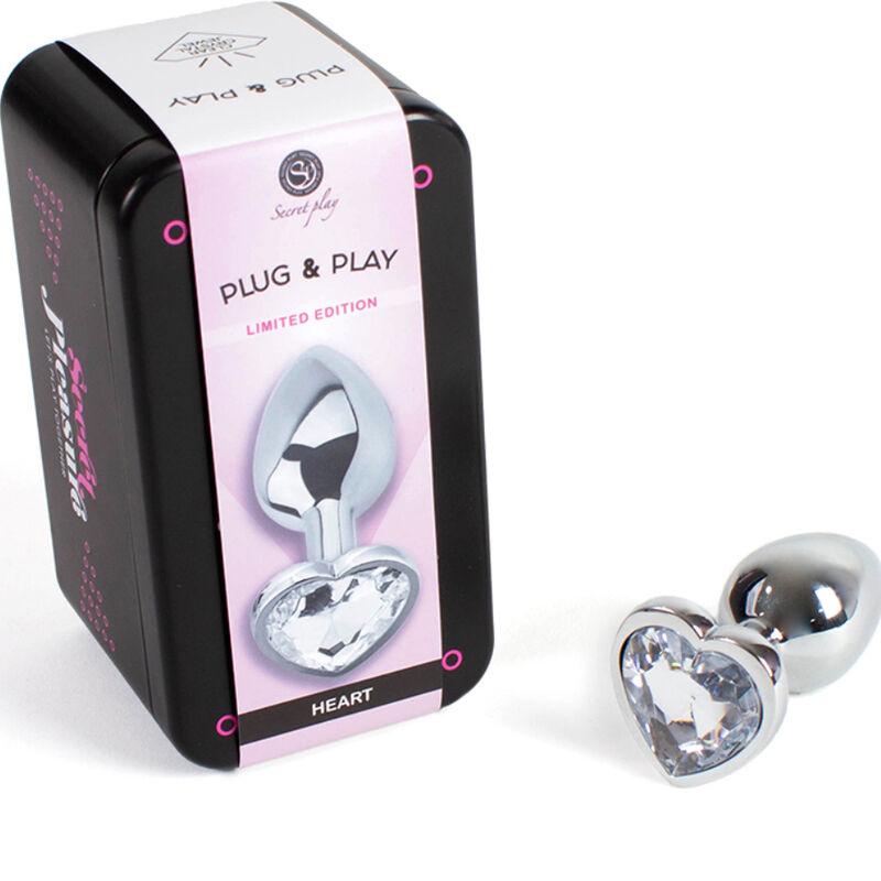 SECRET PLAY – METAL BUTT PLUG CORAÇÃO DE CRISTAL TRANSPARENTE TAMANHO PEQUENO 7 CM